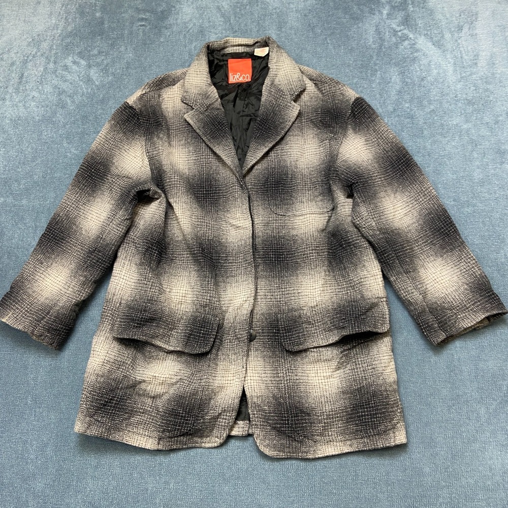 Liz & Co. Blazer Jacket Womens Small Black White Plaid Wool Blend Notch Lapel